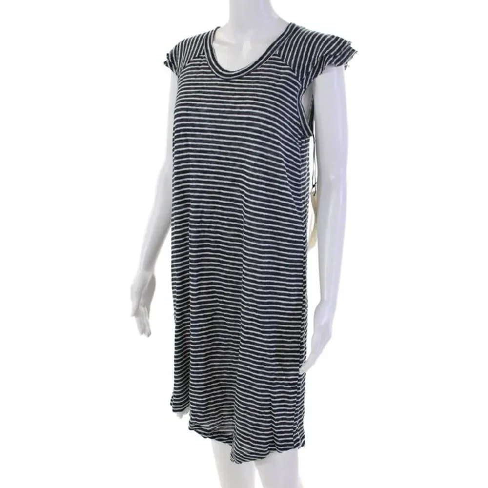 Wilt Womens Linen Striped Round Neck Sleeveless Mid-Calf Dress Navy Size S